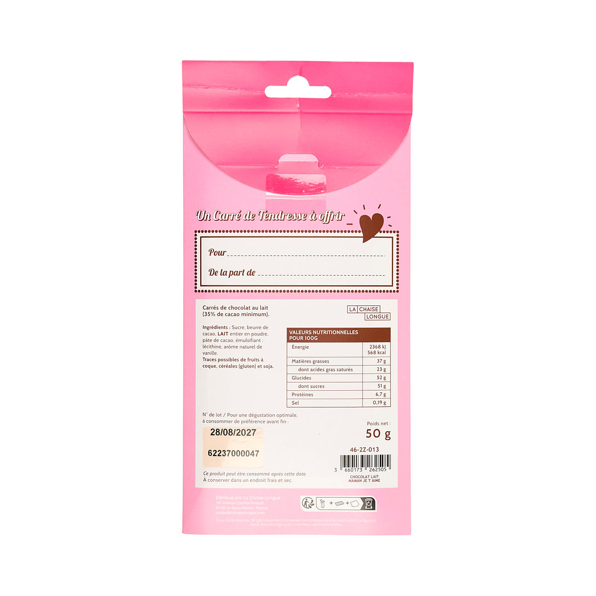 CARRES DE CHOCOLAT LAIT MAMAN JE T'AIME