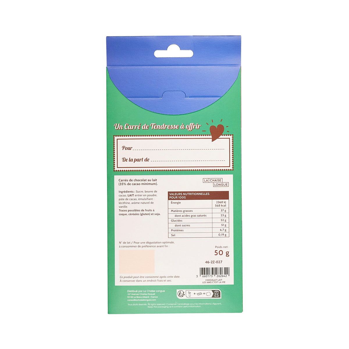 CARRES DE CHOCOLAT LAIT LES AMIS C'EST LA VIE