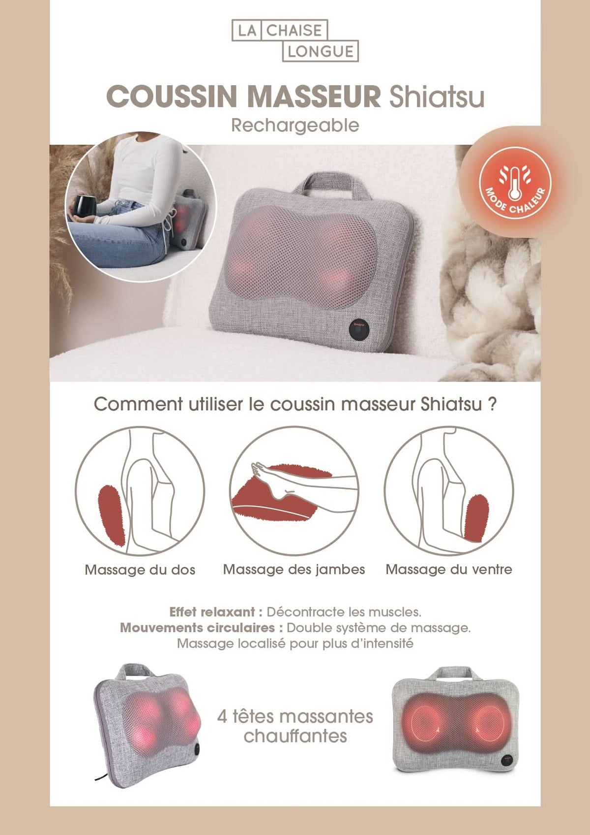 COUSSIN MASSEUR SHIATSU RECHARGEABLE