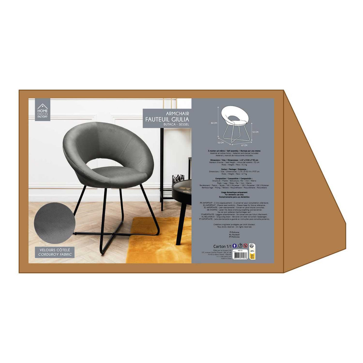 FAUTEUIL ROND VELOURS COTELE GIULIA GRIS