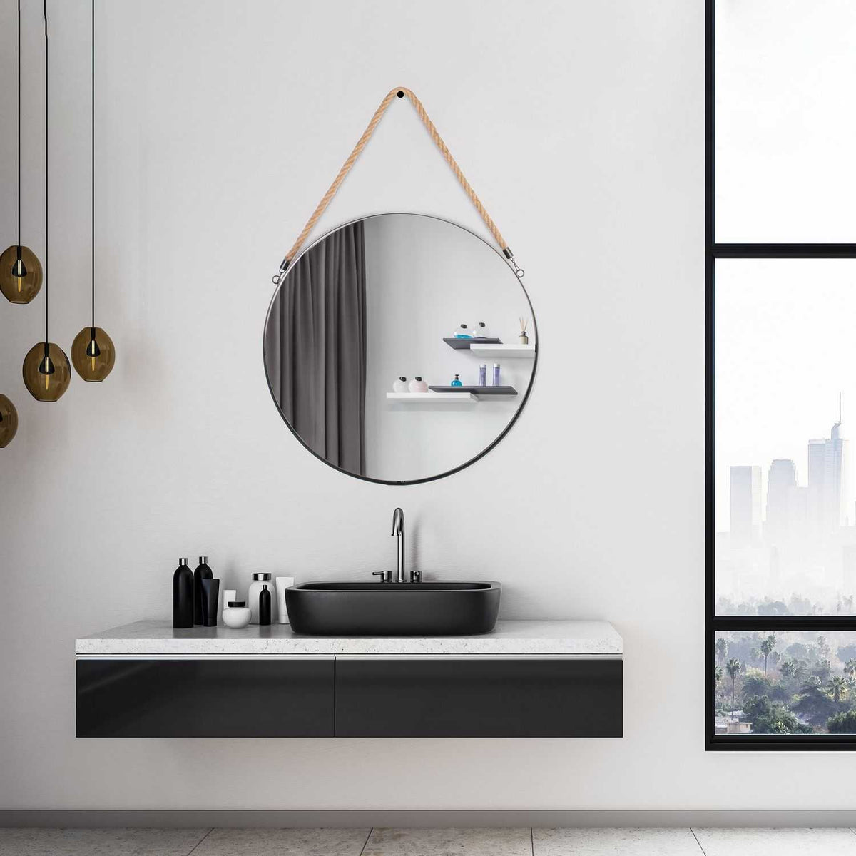 MIROIR ROND NOIR ANSE JONC 50CM