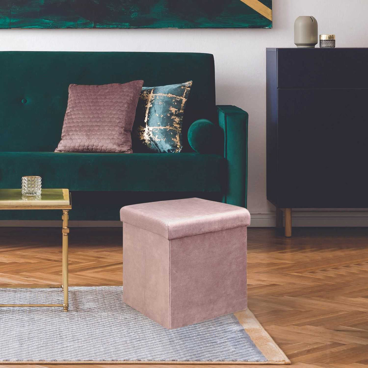 COFFRE POUF PLIABLE VELOURS COTELE GIULIA ROSE