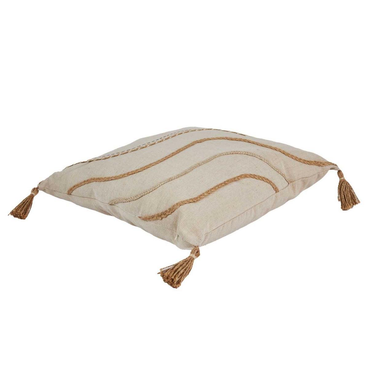 COUSSIN BEIGE ET BLANC A POMPONS 40X40CM