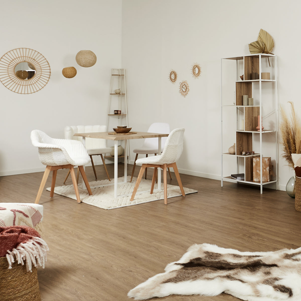 ETAGERE ANGLE 5 NIVEAUX BOIS ET METAL BLANC