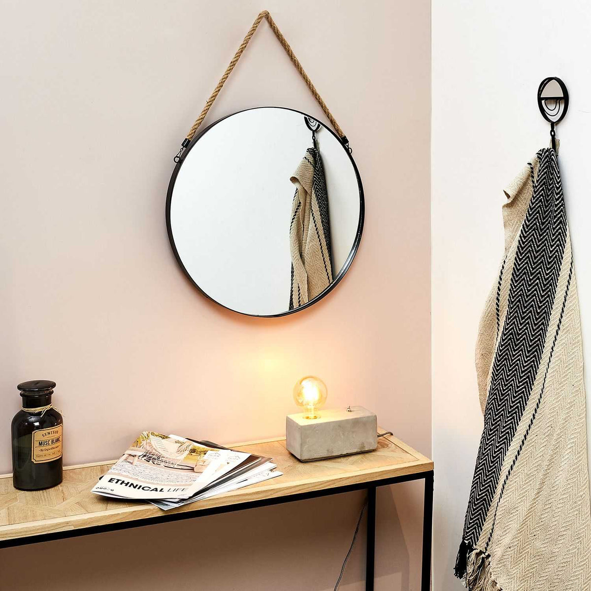 MIROIR ROND NOIR ANSE JONC 50CM