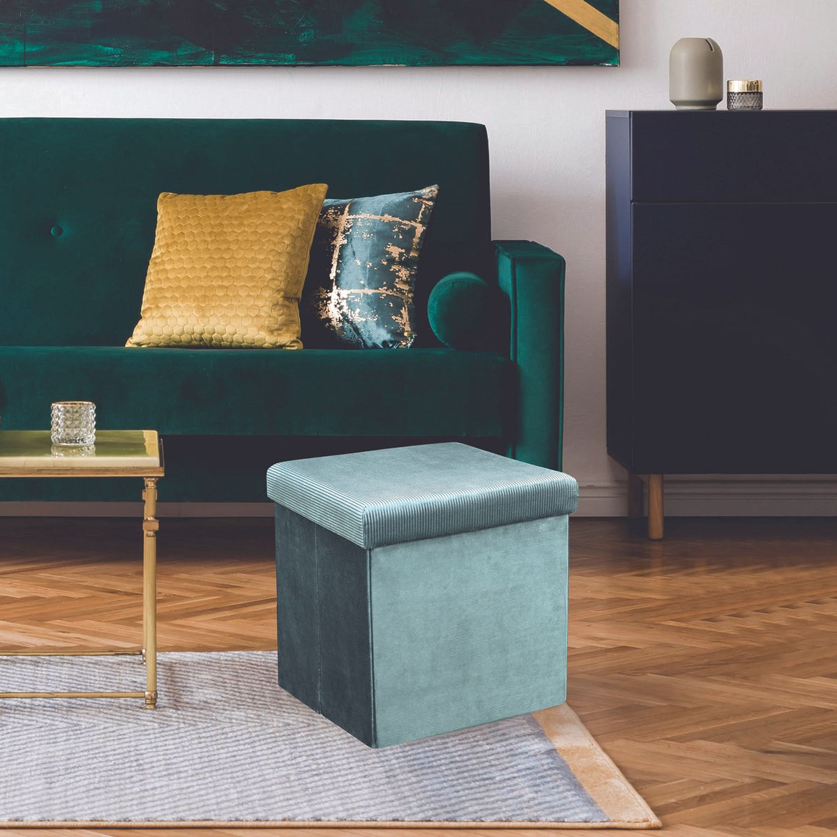 COFFRE POUF PLIABLE VELOURS COTELE GIULIA BLEU