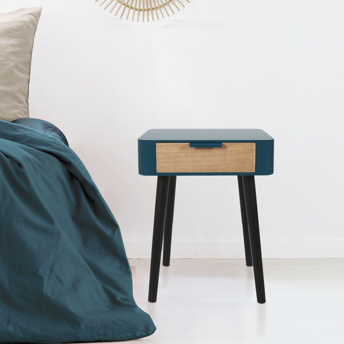 CHEVET 1 TIROIR EN BOIS BLEU CANARD
