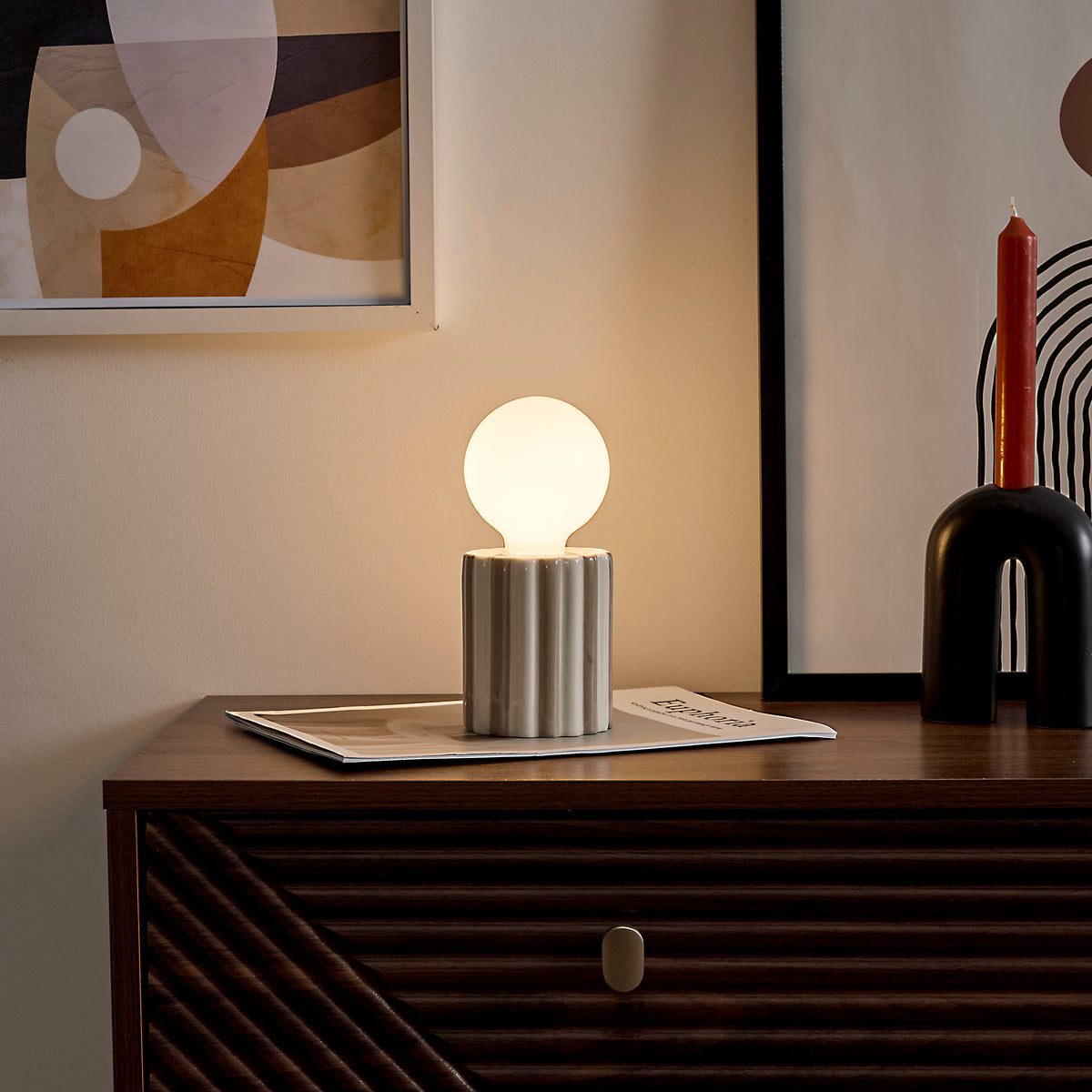 LAMPE CERAMIQUE TAUPE A PILES